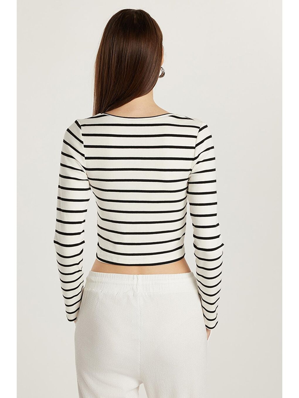 Karışık Kadın Slim Fit Dar Kesim Uzun Kollu Bisiklet Yaka Çizgili Bluz-4