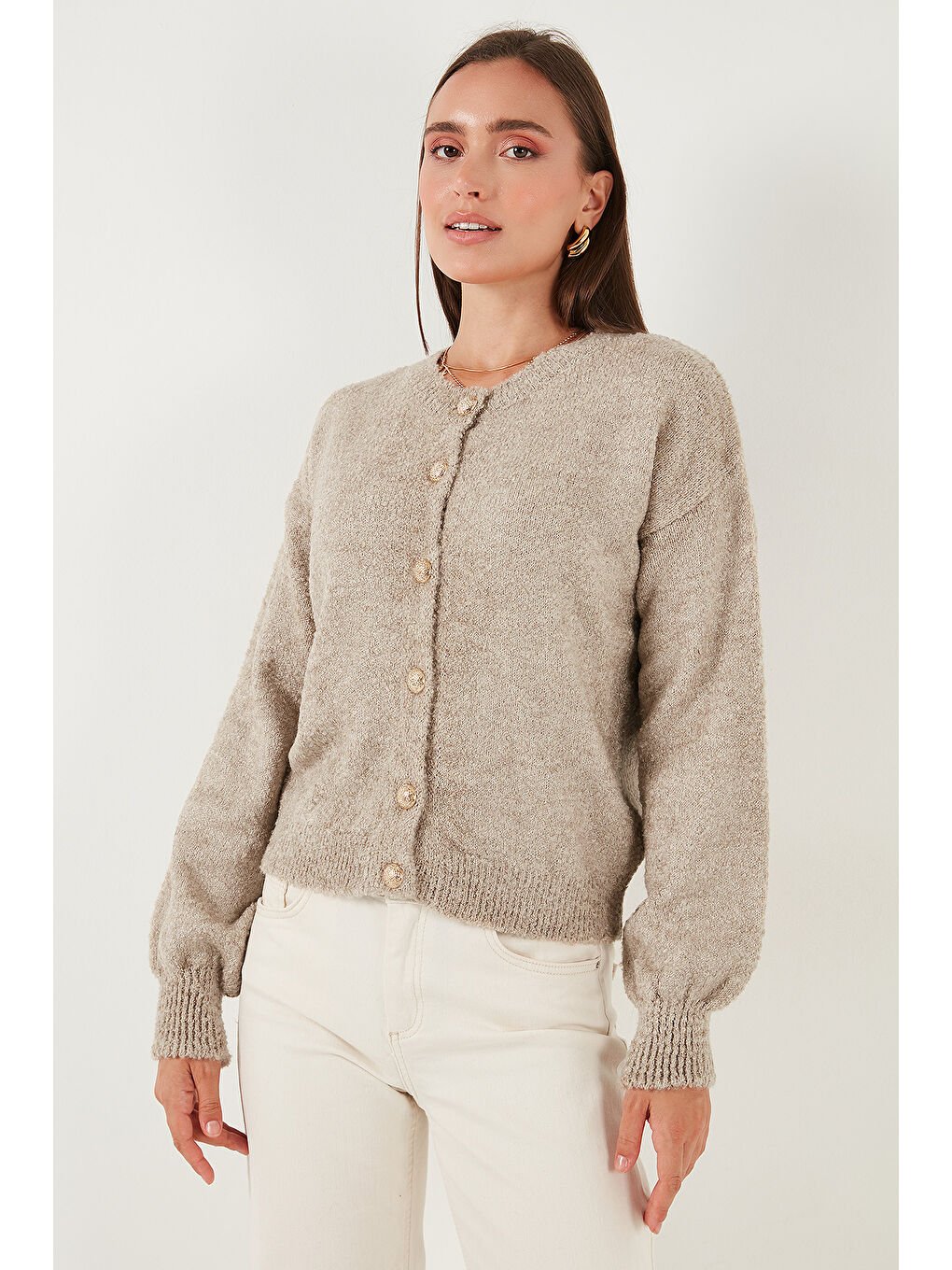 Bej Premium Regular Fit Bisiklet Yaka Yumuşak Dokulu Hırka 680HI00147-3