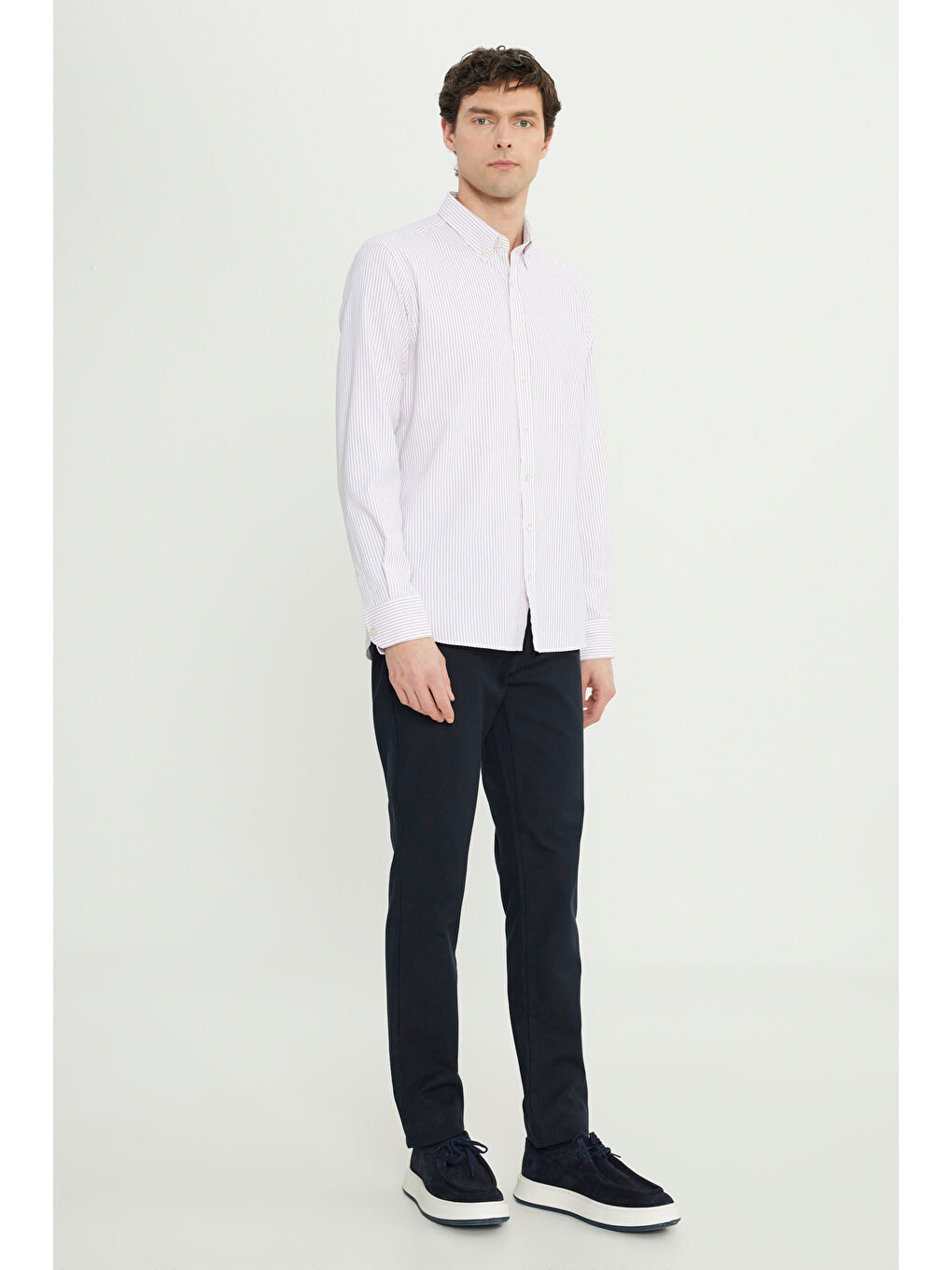 Erkek Bordo Pamuklu Comfort Fit Rahat Kesim Düğmeli Yaka Çizgili Gömlek-1