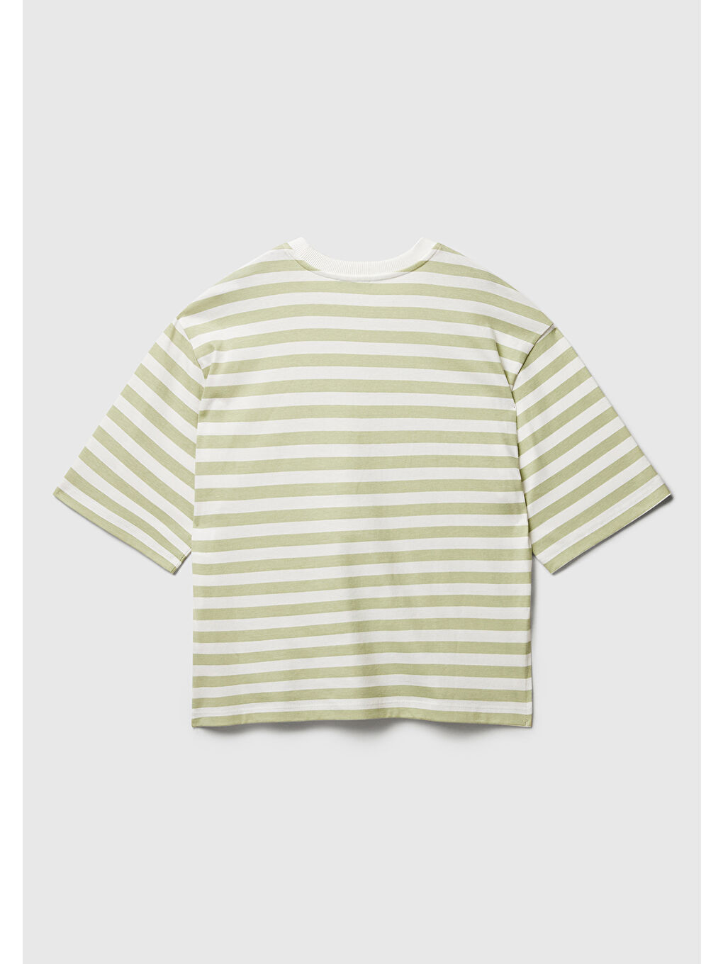 Kadın Yeşil %100 Pamuk Kalın Çizgili Yırtmaçlı Yarım Kol T-Shirt-3