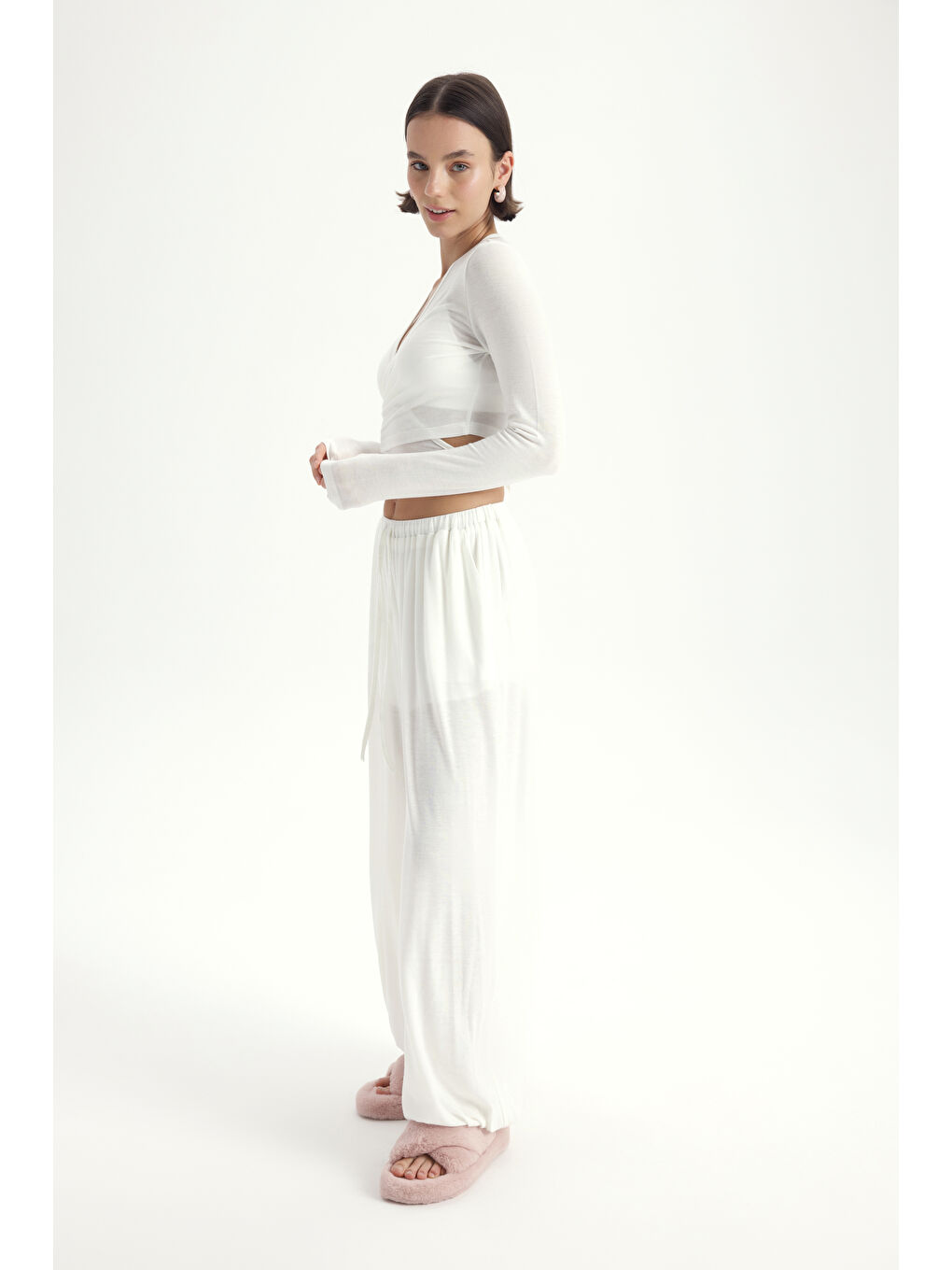 Vena Bağlamalı Ekru Crop Şalvar Pantolon Takım-3