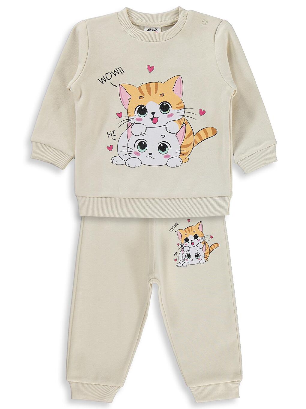 Bej Baby Kedi Baskılı 6-18 Ay Takım - Fil Dişi