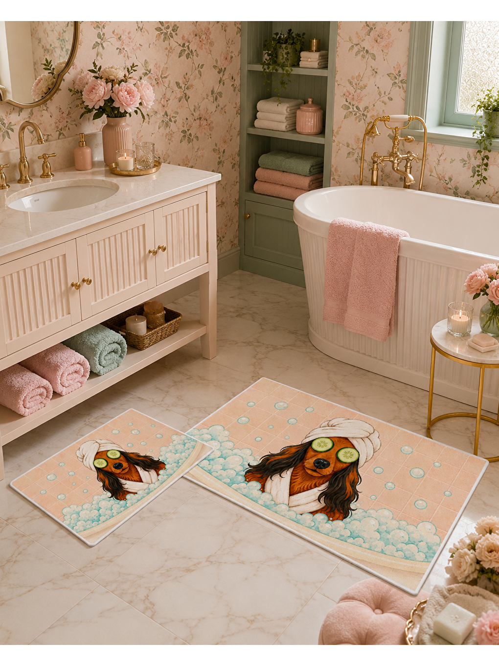 Karışık Pembe Köpek Desenli Kaymaz Taban Banyo Paspası 2’li Set Pastel Çocuk Banyo Halısı-2