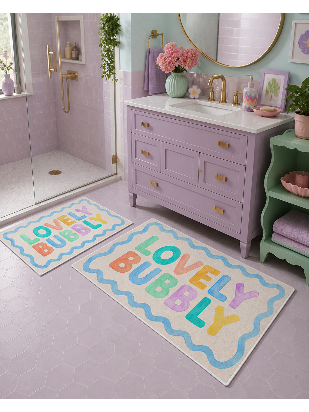Karışık Lovely Bubble Yazılı Kaymaz Taban Banyo Paspası 2’li Set Renkli Modern Banyo Halısı-3