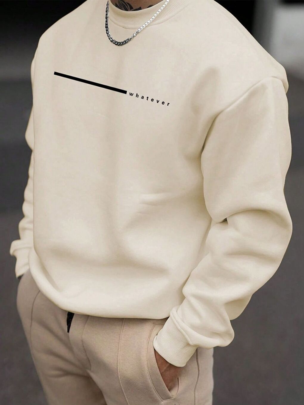 Erkek Bej Whatever Baskılı Oversize Bisiklet Yaka Uzun Kollu Sweatshirt