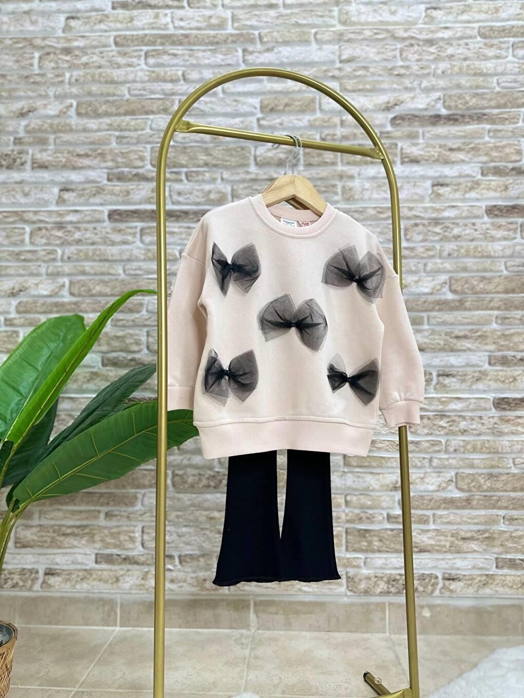 Karışık Fiyonk Desenli Pamuklu Sweatshirt Tayt Set Alt-üst Takım Kız Çocuk-2