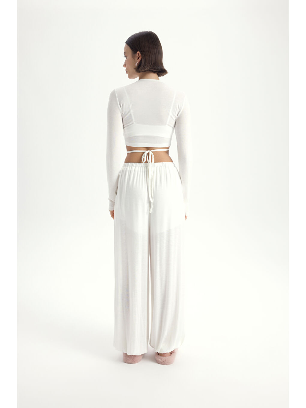 Vena Bağlamalı Ekru Crop Şalvar Pantolon Takım-4
