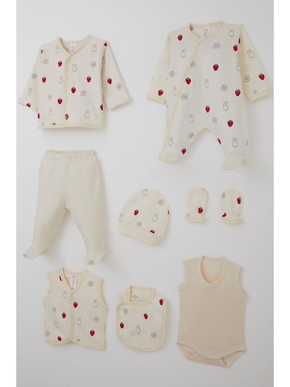 Kız Bebek Hastane Çıkışı 8 Li Sevimli Tavşancık & Çilek Desenli Ekru (0-3 Ay)-1