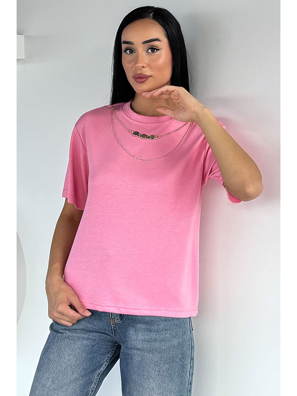 Pembe Kadın Bisiklet Yaka Kolye Aksesuarlı Bluz