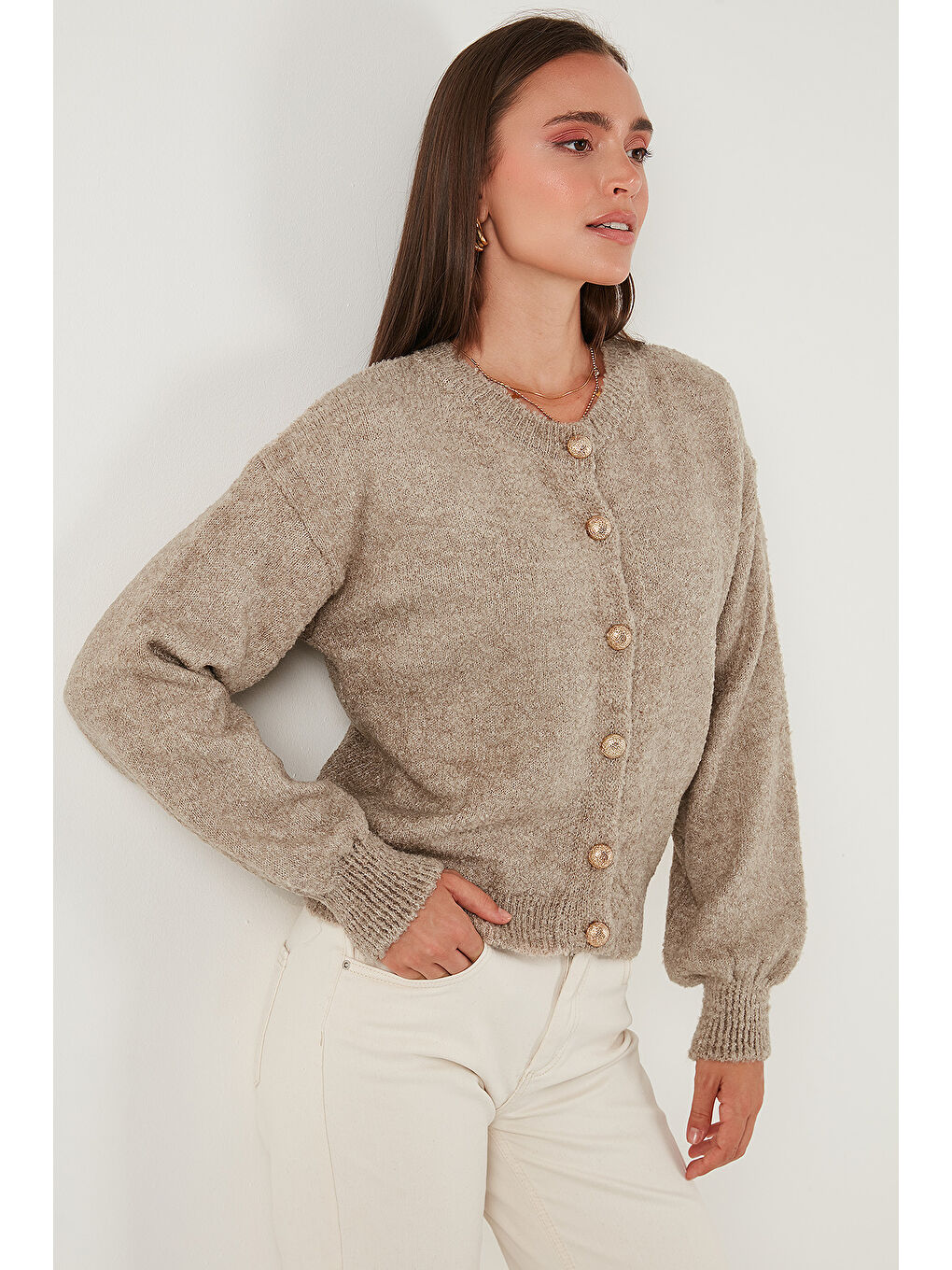 Bej Premium Regular Fit Bisiklet Yaka Yumuşak Dokulu Hırka 680HI00147-4