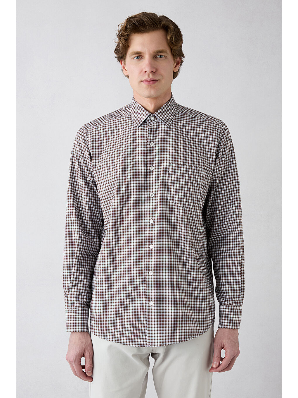 Kahverengi Uzun Kol Regular Fit Cepli Ekose Pamuklu Kolay Ütülenebilir Gömlek-1