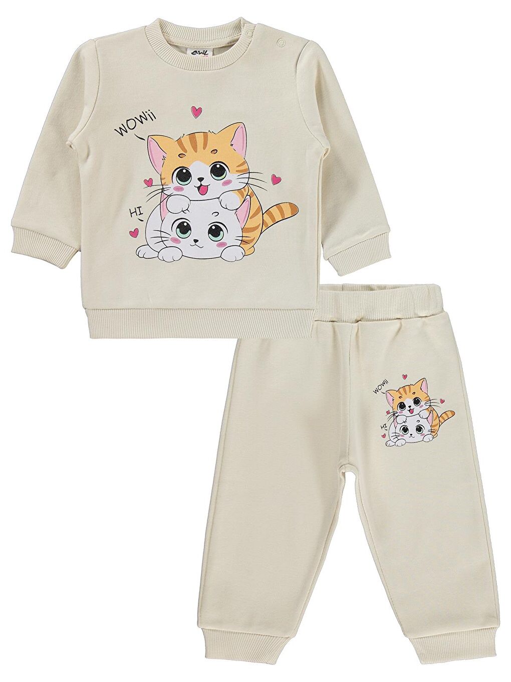 Bej Baby Kedi Baskılı 6-18 Ay Takım - Fil Dişi-2