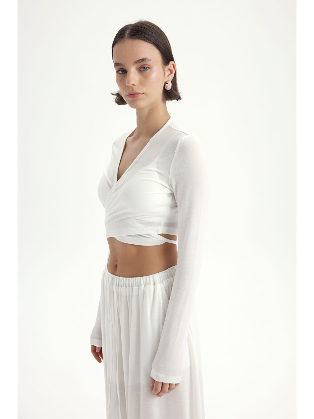 Vena Bağlamalı Ekru Crop Şalvar Pantolon Takım-5
