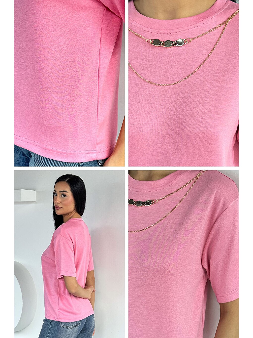 Pembe Kadın Bisiklet Yaka Kolye Aksesuarlı Bluz-3