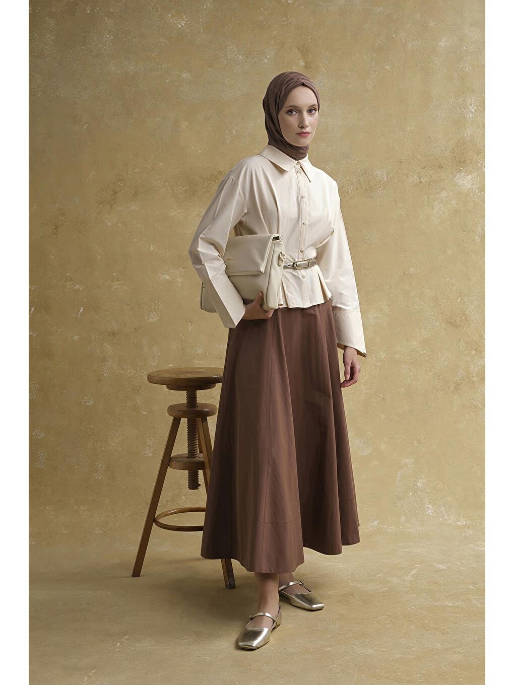 Kahverengi Korsajlı Etek Camel