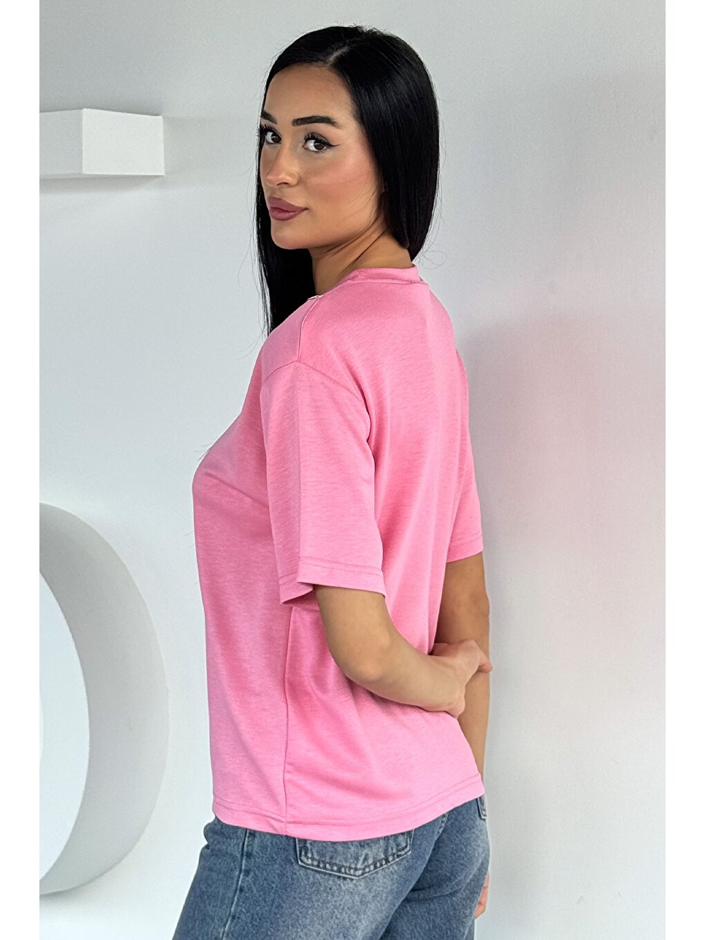 Pembe Kadın Bisiklet Yaka Kolye Aksesuarlı Bluz-4
