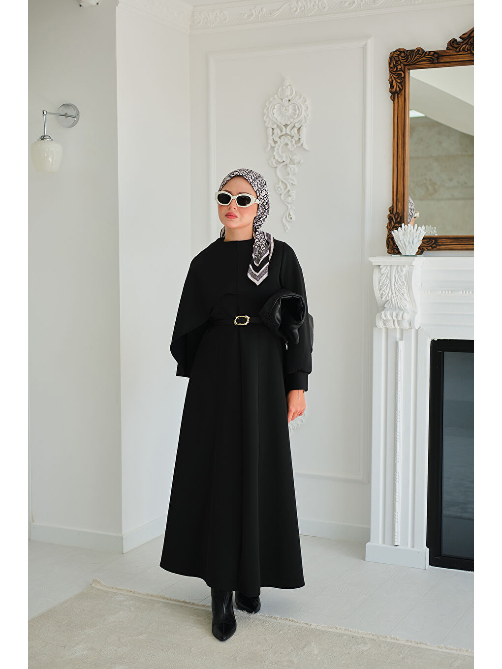 Kadın Omuzdan Şallı Scuba Elbise Siyah-2