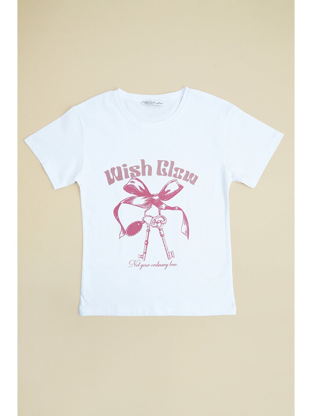 Beyaz Fiyonk Ve Yazı Baskılı Kız Çocuk Tişört