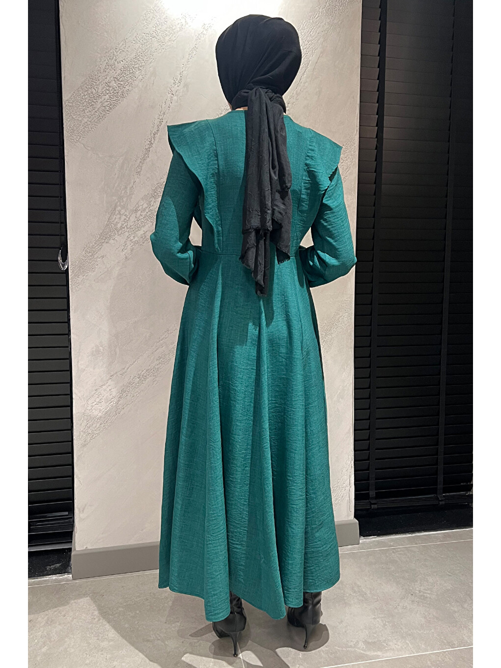 Yeşil Gül Detaylı Tesettür Kloş Elbise-6