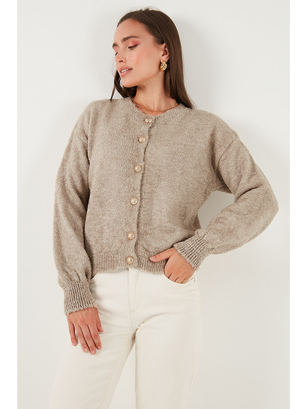 Bej Premium Regular Fit Bisiklet Yaka Yumuşak Dokulu Hırka 680HI00147-5