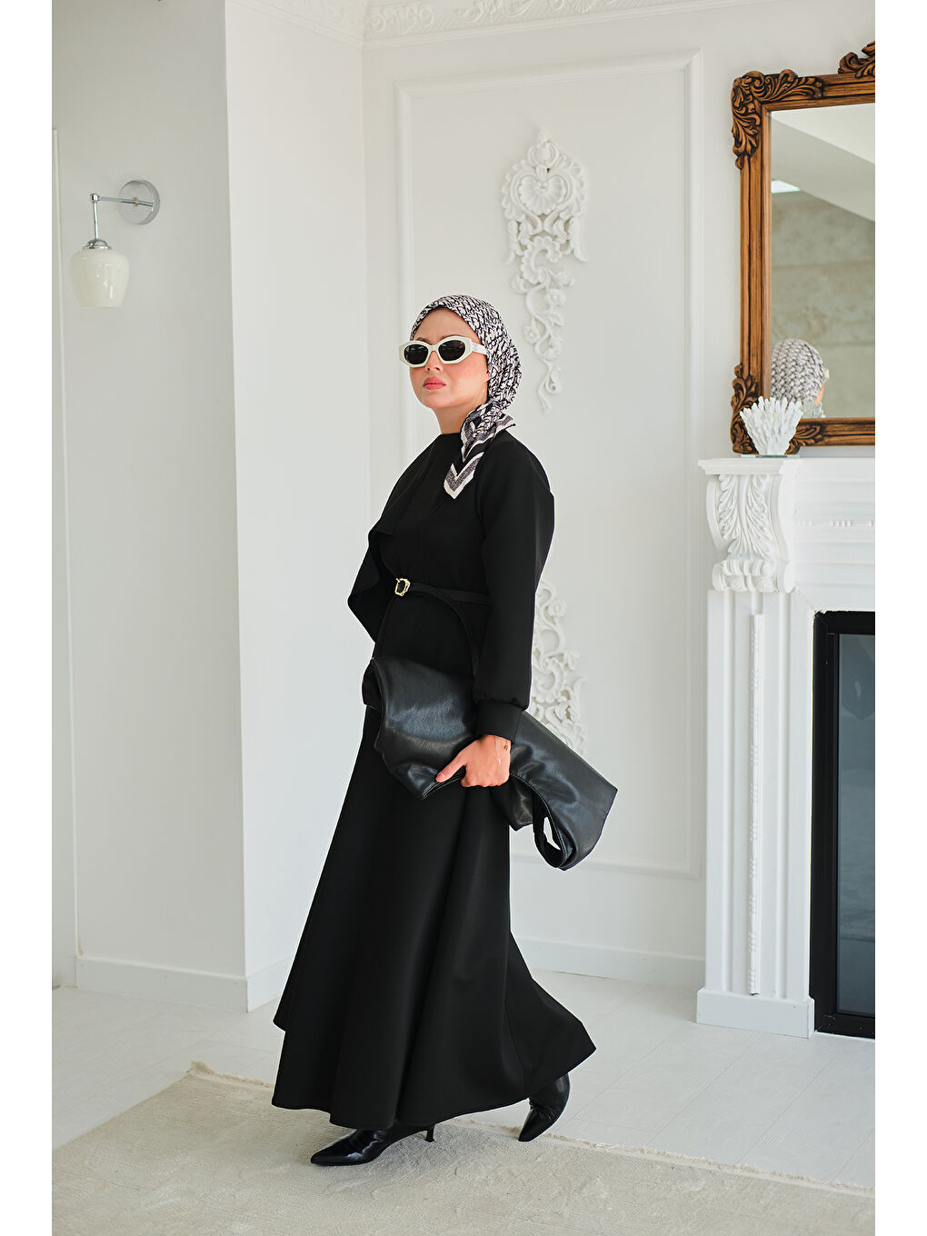 Kadın Omuzdan Şallı Scuba Elbise Siyah-3