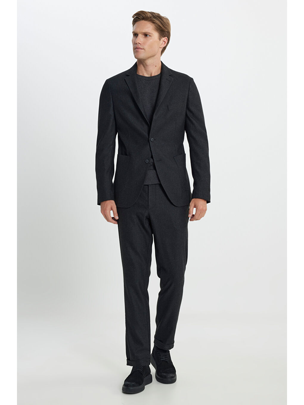 Erkek Antrasit Yünlü Slim Fit Dar Kesim Mono Yaka Beli Bağlamalı Diagonal Desenli Takım Elbise-1