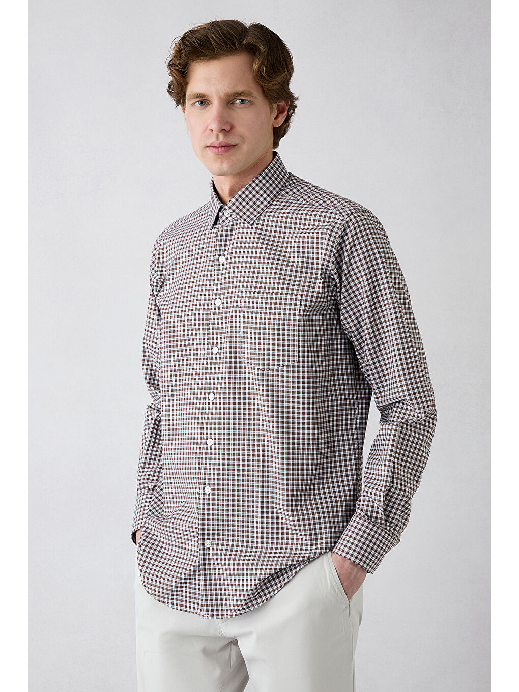 Kahverengi Uzun Kol Regular Fit Cepli Ekose Pamuklu Kolay Ütülenebilir Gömlek-2