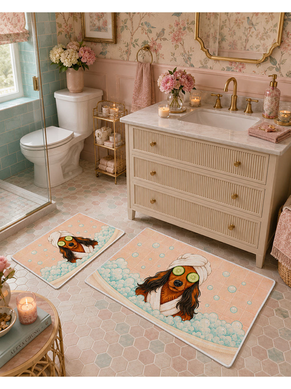 Karışık Pembe Köpek Desenli Kaymaz Taban Banyo Paspası 2’li Set Pastel Çocuk Banyo Halısı-3