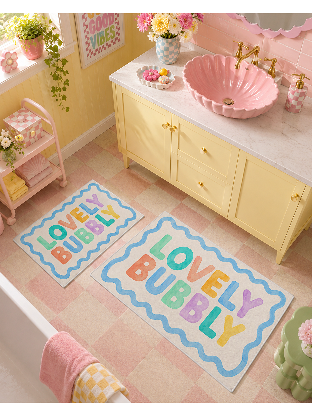 Karışık Lovely Bubble Yazılı Kaymaz Taban Banyo Paspası 2’li Set Renkli Modern Banyo Halısı-4