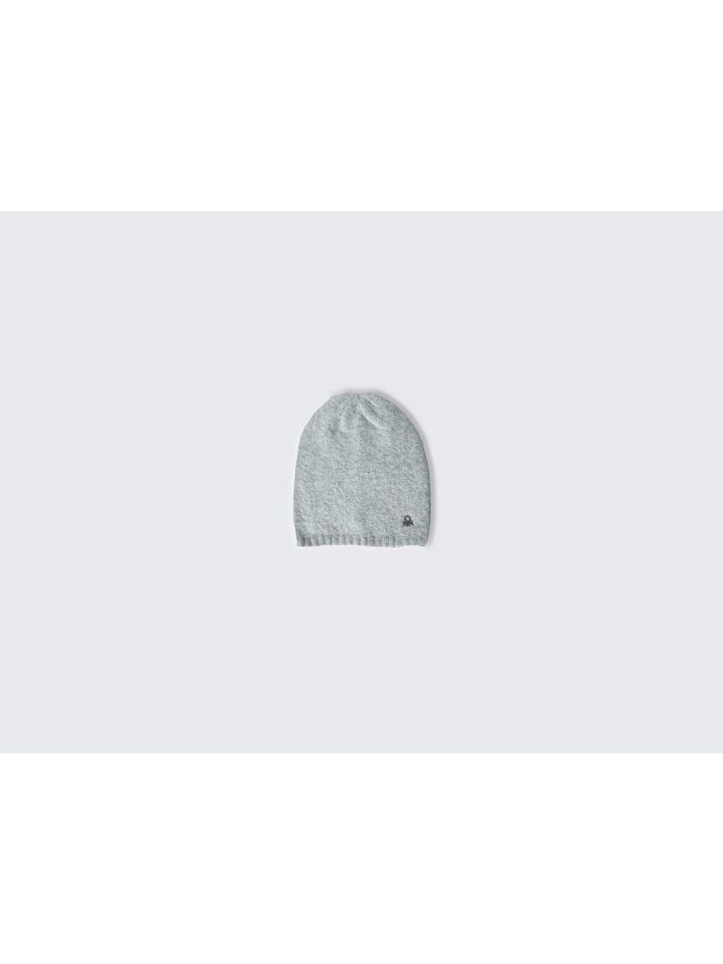 Kız Çocuk Gri Melanj Metal Logolu Melanj Görünümlü Bere