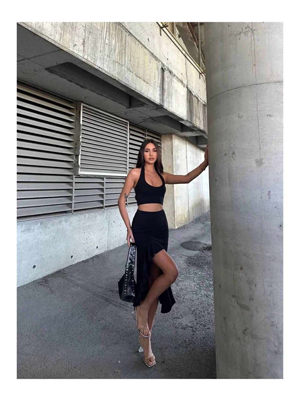 Kadın Siyah Yüksel Bel Dalgıç Kumaş Asimetrik Kesim Etek HZL25S-ZK11701-3