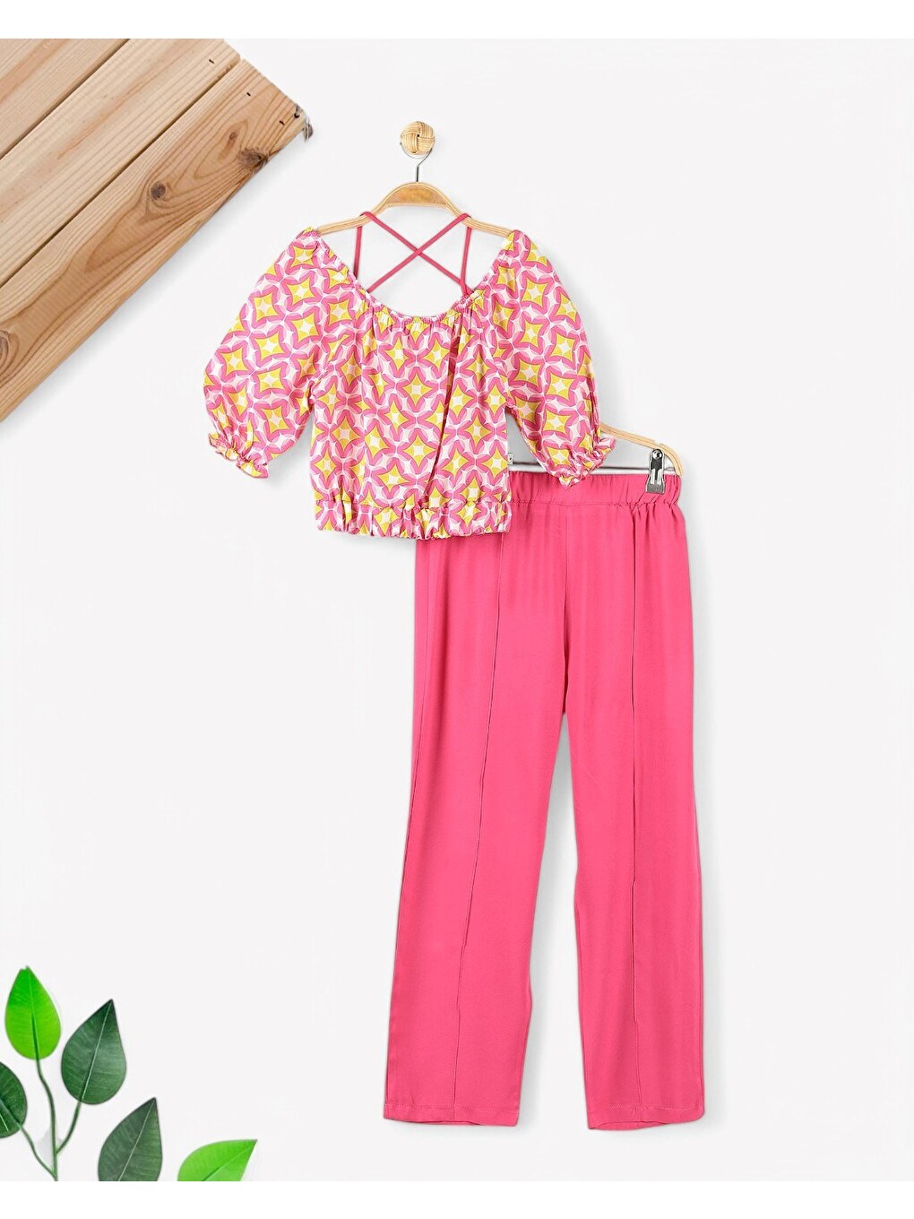 Fuşya Kız Çocuk Yazlık Etnik Desen Bluzlu, Müslin Pantalonlu 6-7-8-9-10 Yaş Bol Paçalı Takım-1