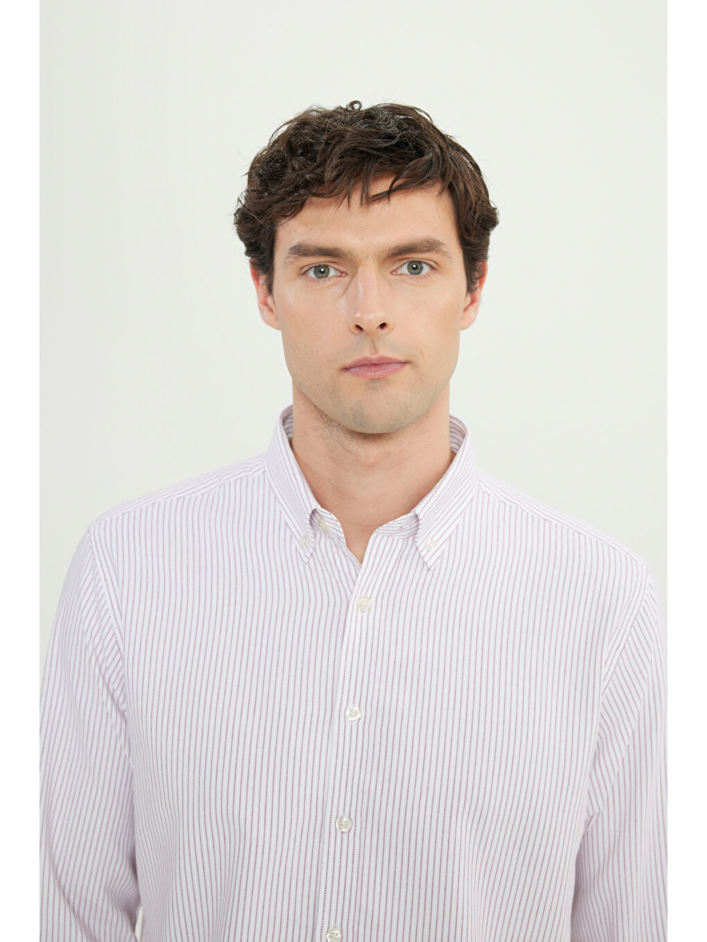 Erkek Bordo Pamuklu Comfort Fit Rahat Kesim Düğmeli Yaka Çizgili Gömlek-4