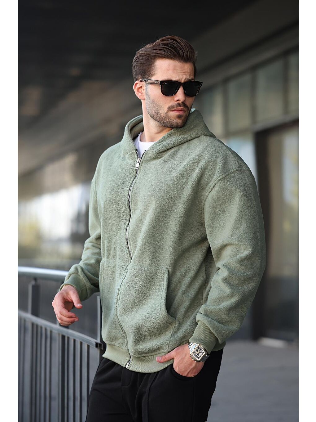 Haki Kapüşonlu Erkek Polar Hırka E7168-1