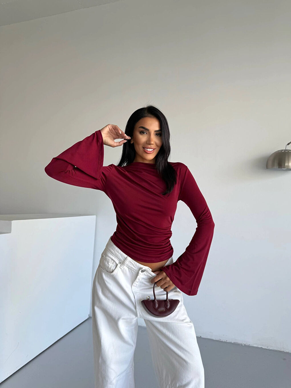 Kadın Bordo Drape Detaylı İspanyol Kol Sany Bluz HZL25W-FRY123431-1