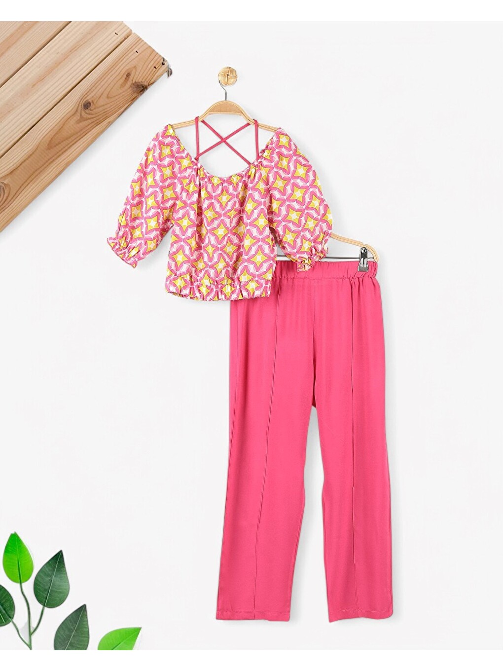 Fuşya Kız Çocuk Yazlık Etnik Desen Bluzlu, Müslin Pantalonlu 6-7-8-9-10 Yaş Bol Paçalı Takım-4