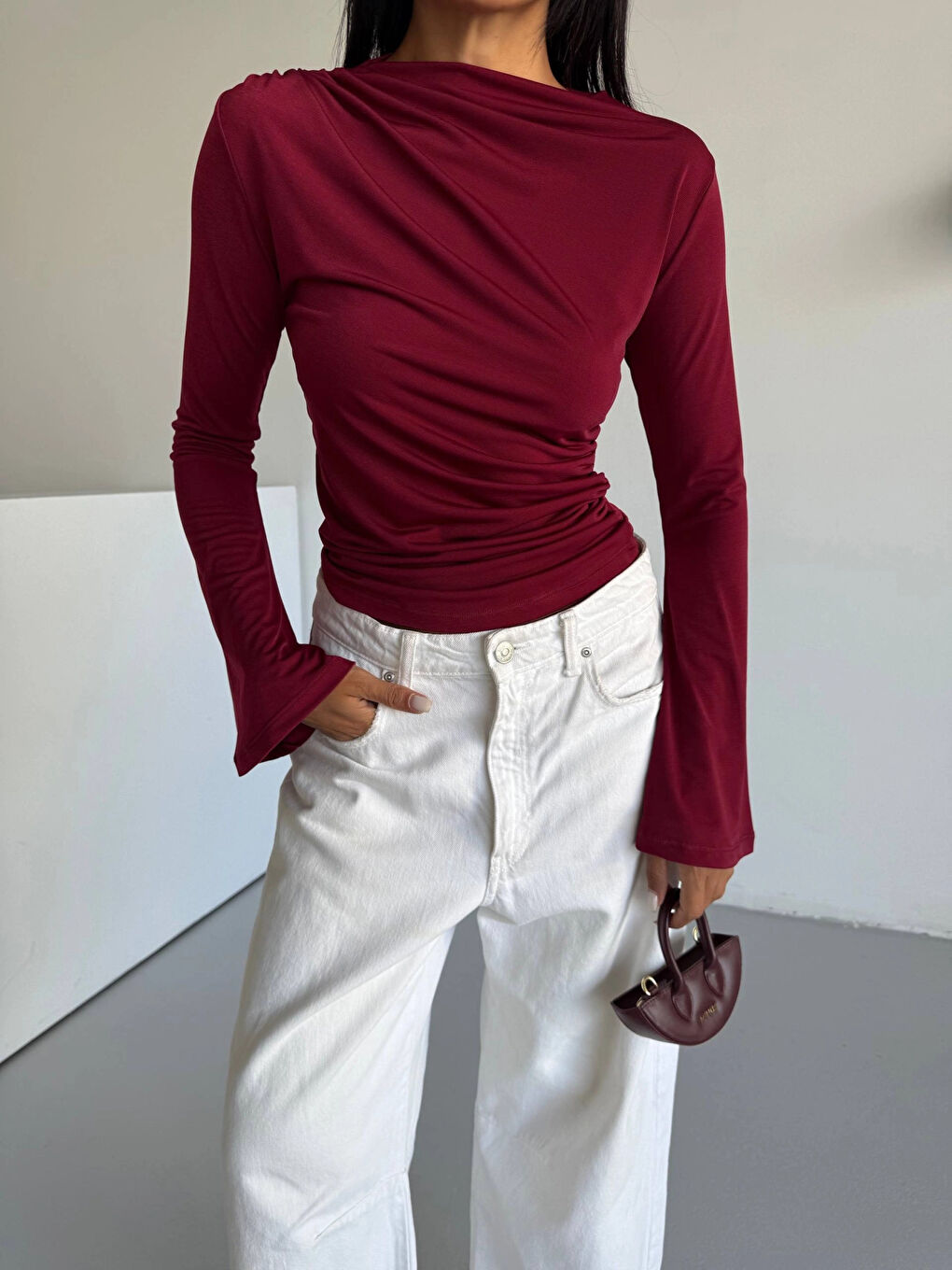 Kadın Bordo Drape Detaylı İspanyol Kol Sany Bluz HZL25W-FRY123431-2