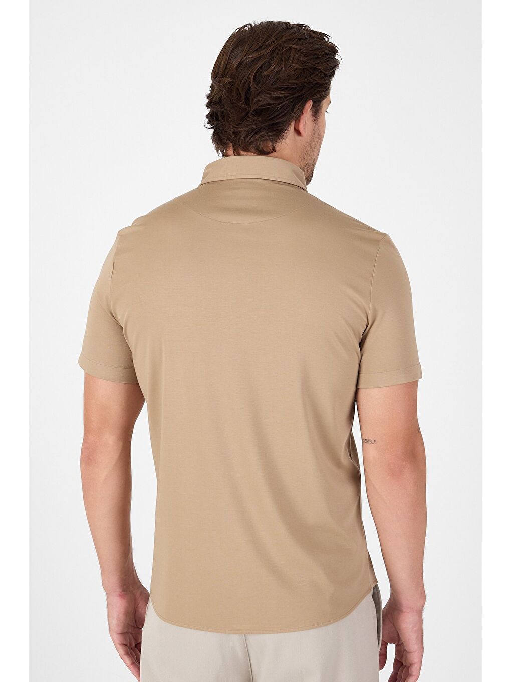Koyu Bej Kısa Kol Düğmeli Yaka Cepsiz Performans Ürün Slim Fit Büyük Beden Gömlek 1004250256