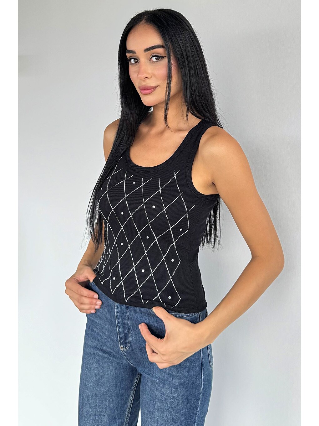 Siyah Ön Taşlı Kaşkorse Bluz-1