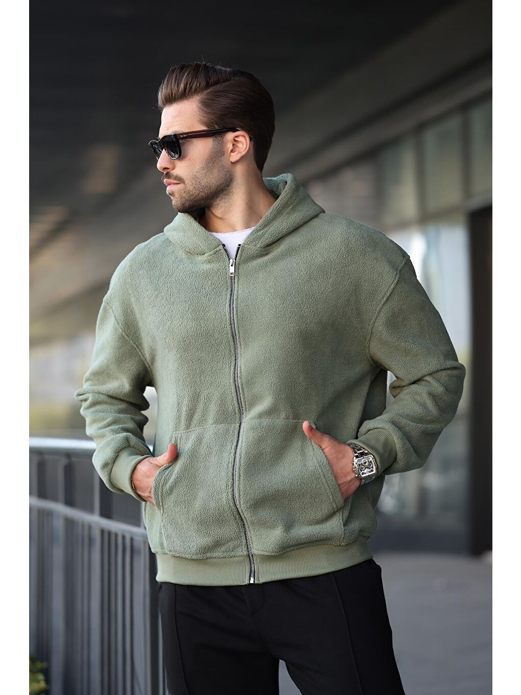 Haki Kapüşonlu Erkek Polar Hırka E7168-2