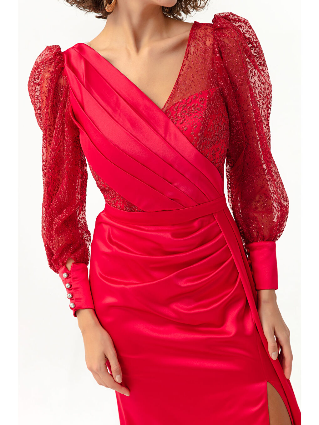 Kadın Kırmızı Kruvaze Yaka Simli Uzun Saten Abiye Elbise-3