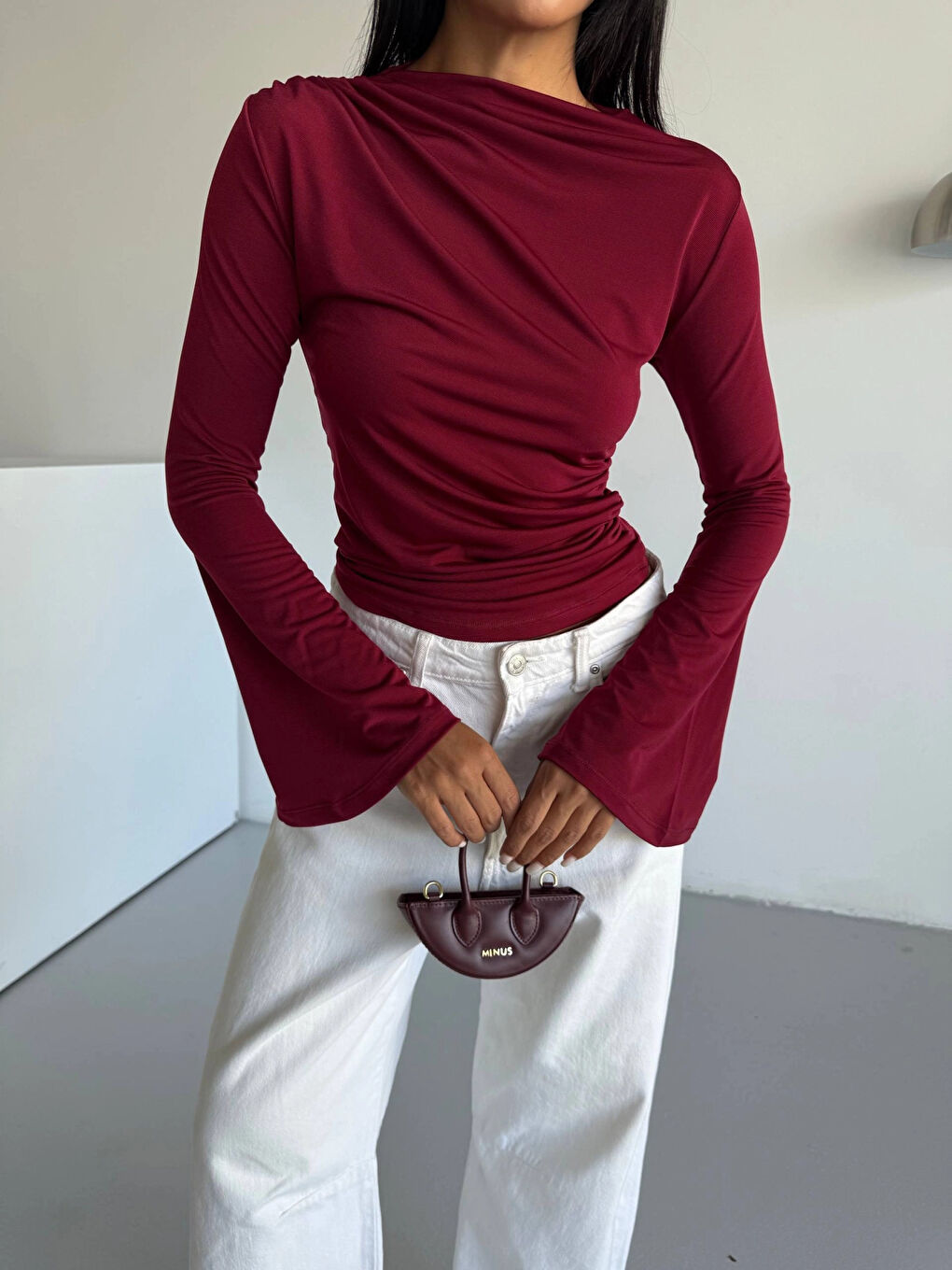 Kadın Bordo Drape Detaylı İspanyol Kol Sany Bluz HZL25W-FRY123431-3