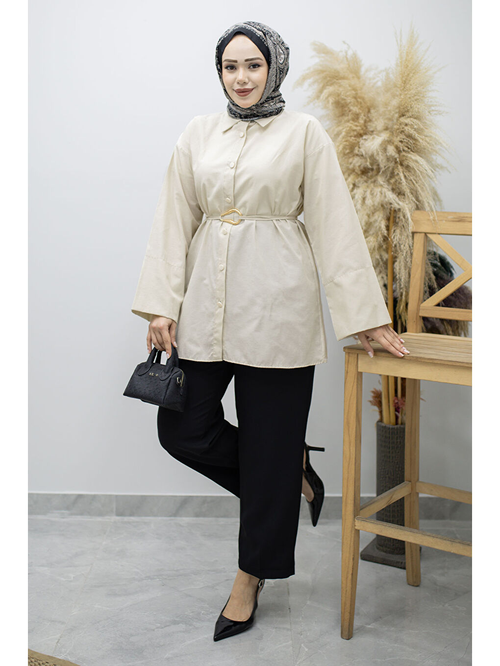 Kuşağı Gold Detaylı Gömlek TSD260162 Bej-2