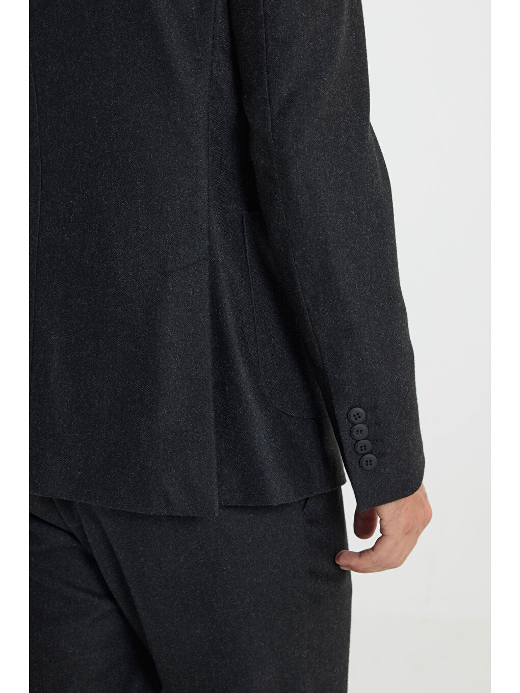 Erkek Antrasit Yünlü Slim Fit Dar Kesim Mono Yaka Beli Bağlamalı Diagonal Desenli Takım Elbise-3