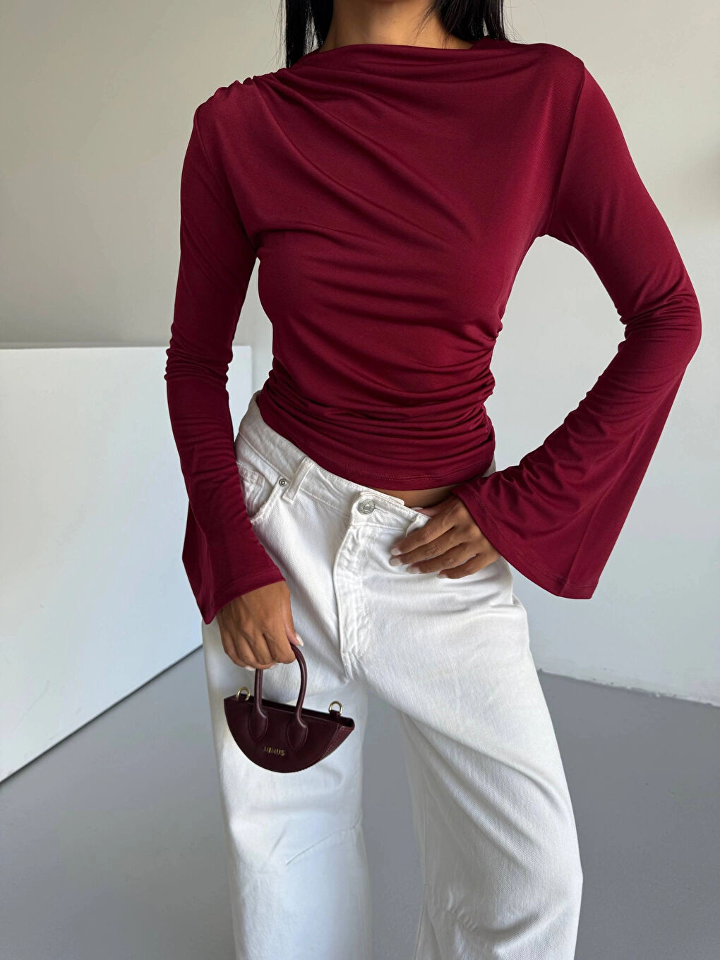 Kadın Bordo Drape Detaylı İspanyol Kol Sany Bluz HZL25W-FRY123431-4