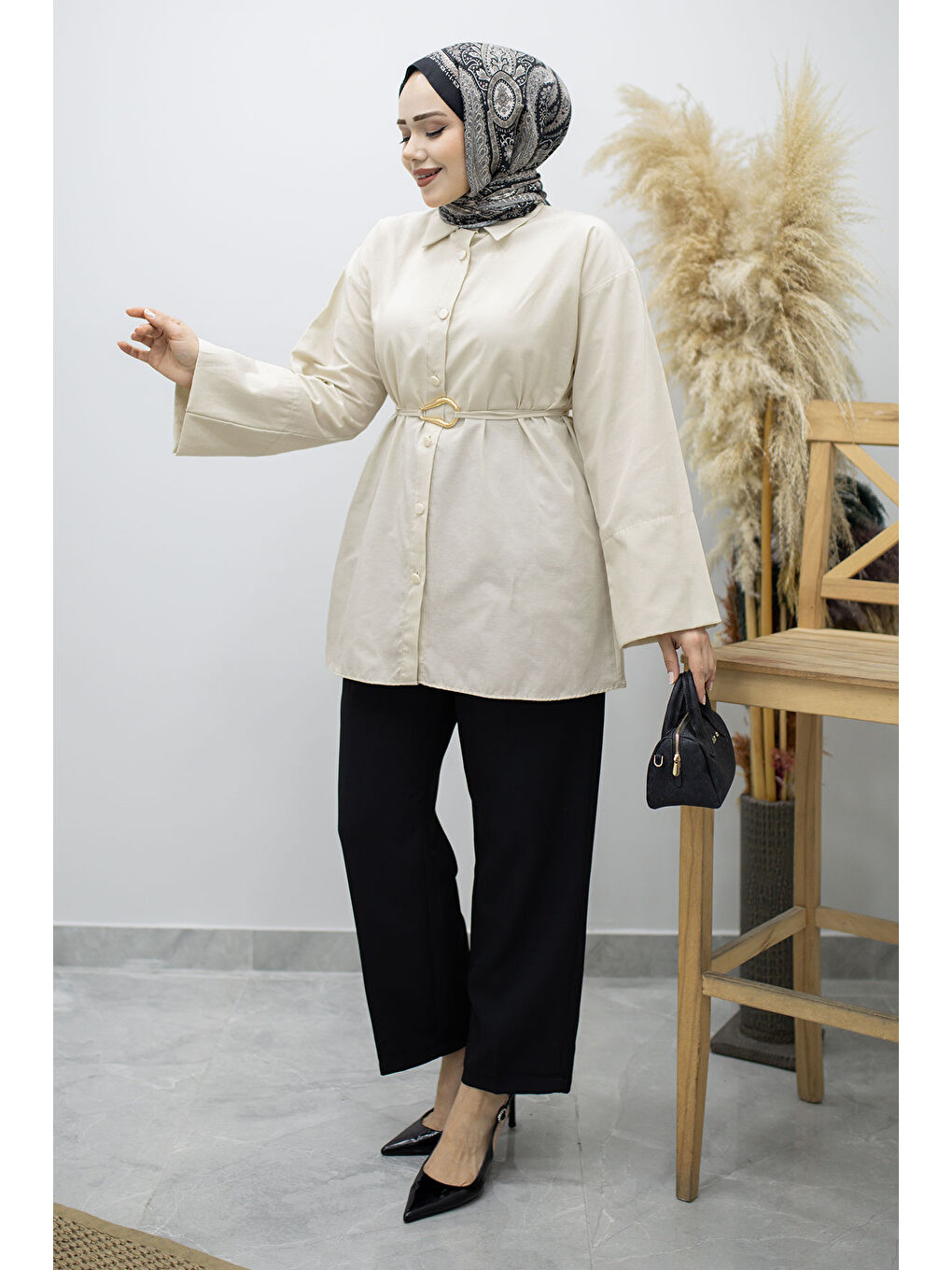 Kuşağı Gold Detaylı Gömlek TSD260162 Bej-4