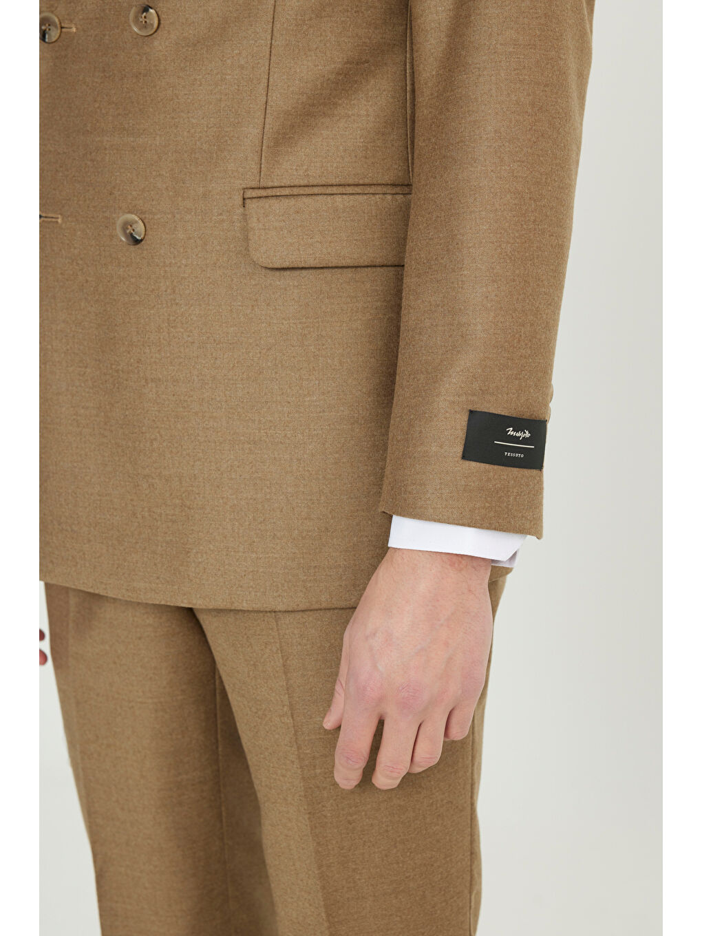 Kahverengi Erkek Camel Yünlü Slim Fit Dar Kesim Kırlangıç Yaka Kapak Cepli Kruvaze Takım Elbise-4