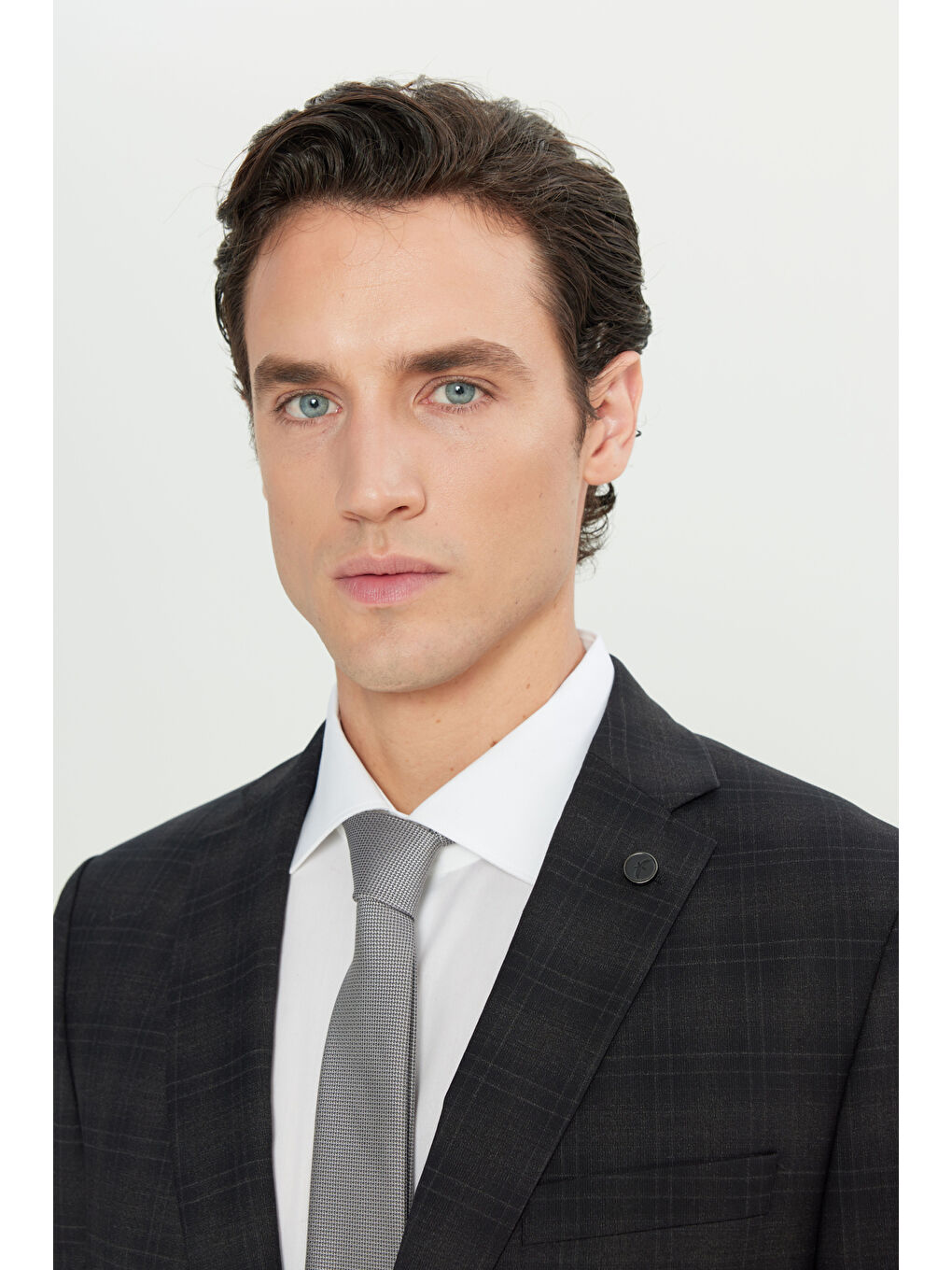 Erkek Siyah %100 Yün Slim Fit Dar Kesim Mono Yaka Kapak Cepli Kareli Takım Elbise-2