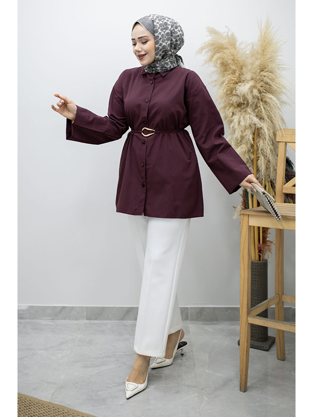 Kuşağı Gold Detaylı Gömlek TSD260162 Bordo