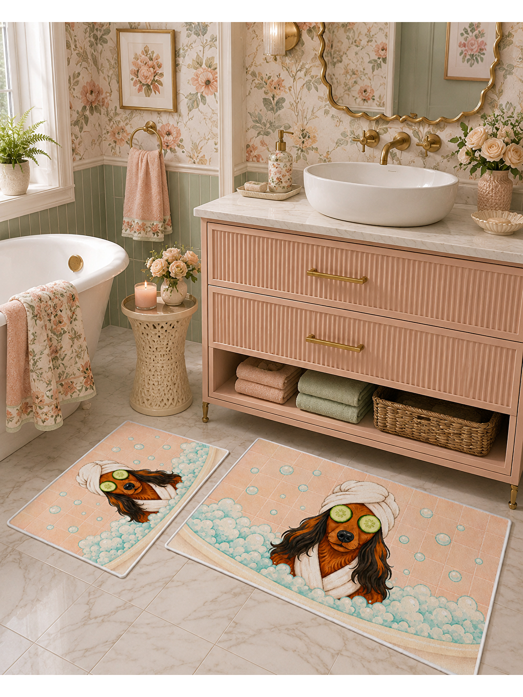 Karışık Pembe Köpek Desenli Kaymaz Taban Banyo Paspası 2’li Set Pastel Çocuk Banyo Halısı-4
